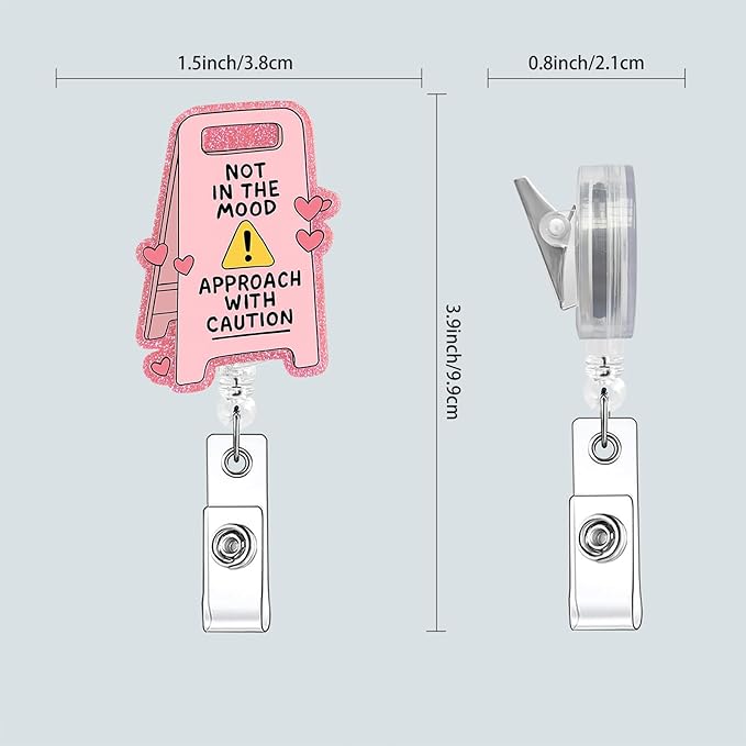 Badge Clips Retractable, Pink Badge Reel with Alligator Clip, Glitter Acrylic Cute Badge Holder (Bad Mood)