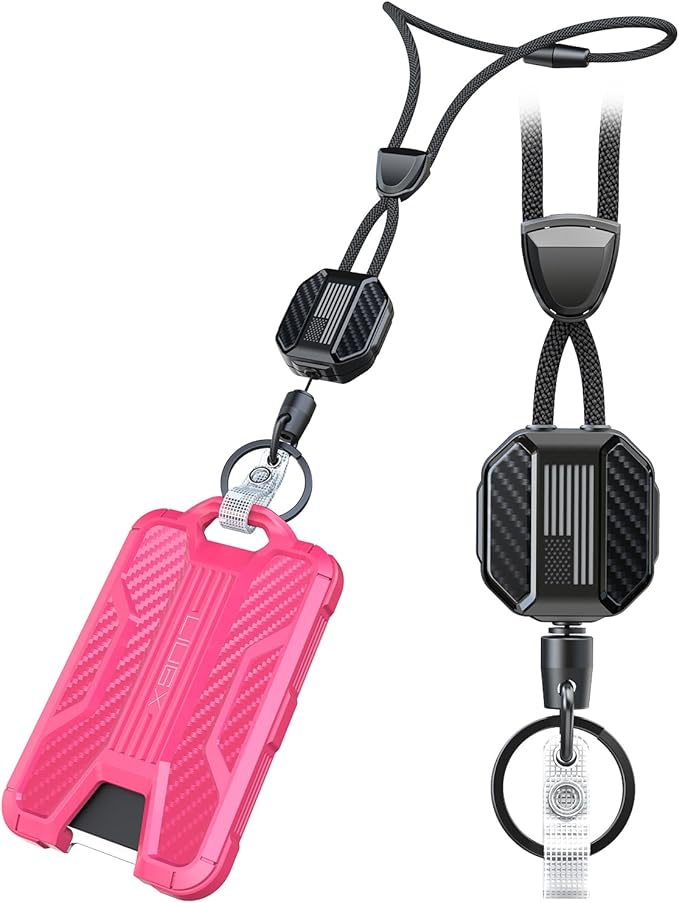 LIUGX Retractable Breakaway Lanyards for ID Badges Holder Keys, Carbon Fiber-Texture & American Flag, Badge Reel with Heavy Duty ID Card Holder (Holds 6 Cards) with 20" Cord, Keychain, 4.2 oz, Pink