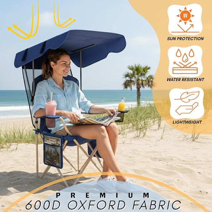 Portable Folding Camping Chairs with Canopy Shade, Beach Chair for Adults, Durable Weather Resistant 600D Oxford Cloth, Camping Chair with Canopy for Outdoors [Navy-2 Pack]