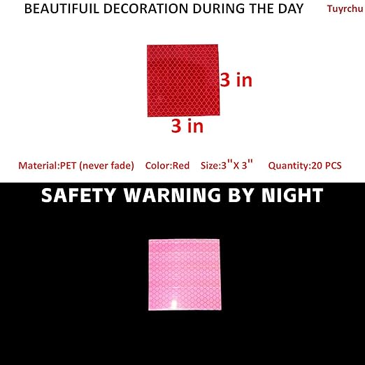 Non Fading Red Reflective Stickers 3 inch X 3 inch, Outdoor Waterproof High Visibility Warning Safety Adhesive Reflector Tape (20 Pcs)