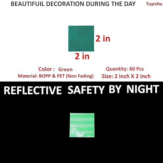 Green Reflective Stickers 2 inch X 2 inch, Outdoor Waterproof High Visibility Warning Safety Adhesive Reflector Tape (60 Pcs)