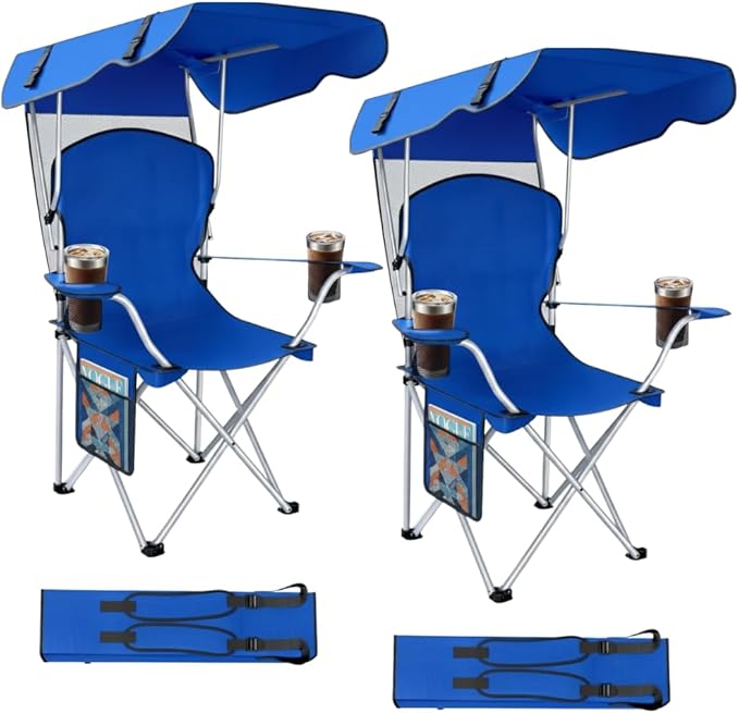 Portable Folding Camping Chairs with Canopy Shade, Beach Chair for Adults, Durable Weather Resistant 600D Oxford Cloth, Camping Chair with Canopy for Outdoors [Blue-2 Pack]