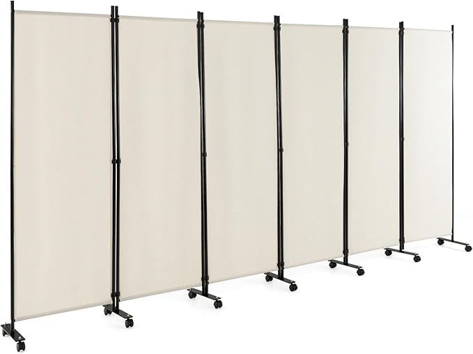 Giantex 6 Panel Room Divider, 132''W x 68''H Large Folding Privacy Screen, Rolling Partition Room Dividers for Home Office Studio Separation, Freestanding Fabric Wall Divider Screen on Wheels, Beige