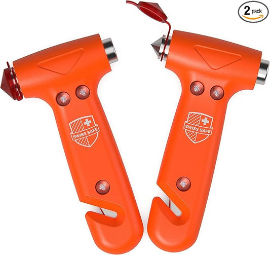 Swiss Safe Durable 5-1 Car Safety Hammer Window Breaker Breaker Tool w/Seatbelt Cutter - Emergency Escape Glass Hammer - Truck, Car Safety Essentials & Accessories - Orange, 2 Pack