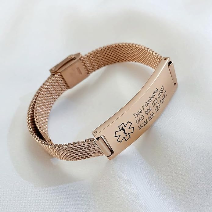 VNOX Medical Alert Bracelets for Men & Women Kids with Free Engraving Adjustable Stainless Steel Mesh Emergency Medical ID Bracelets Wristband