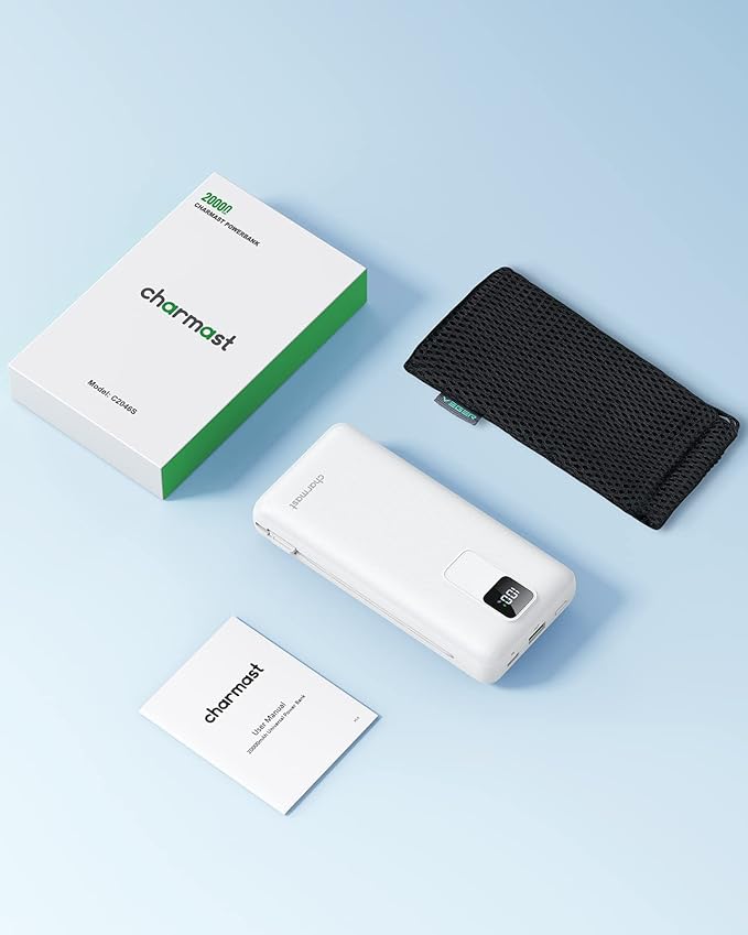 charmast Portable Charger with Built-in Cables and Wall Plug, 20000mAh 20W USB C Power Bank Fast Charging Battery Pack Travel Essentials Compatible with iPhone 16/15/14/13 Series, Samsung Google iPad