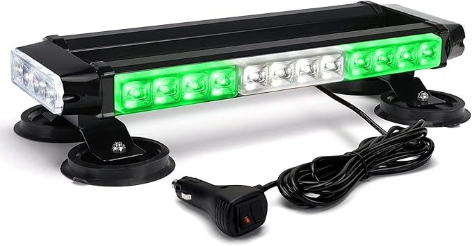 Xprite White Green Rooftop Emergency Strobe Light Bar, Beacon Safety Flashing Warnin Lights w/Magnetic Base for Construction Trucks Plows Postal Security Cars