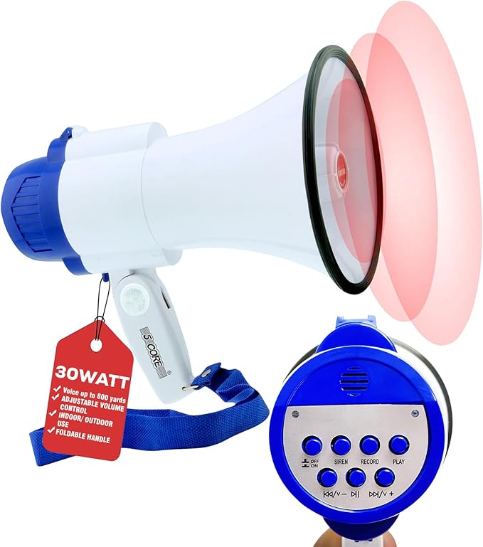 5 CORE Megaphone 30W Bull Horn PA Speaker w 800 Yards Range Loud Siren Voice Amplifier Lightweight Portable Megafono for Outdoor Sports Cheerleading and Coaches (8R-USB-WB)