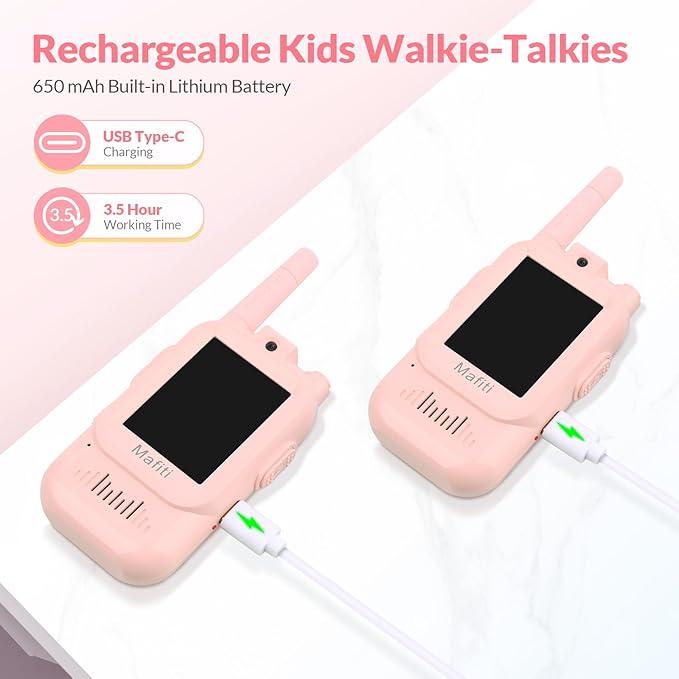 Mafiti Toys for 3 4 5 6 7 8 Year Old Boys Girls Mini Video Walkie Talkies for Kids 2 Pack Rechargeable 1000 Feet Range Birthday Indoor Outdoor (Pink+Pink)