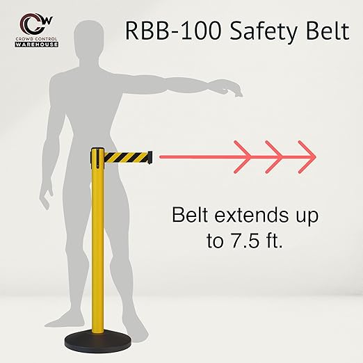 Crowd Control Warehouse - CCW Set of 2 Safety Retractable Belt Barrier Stanchion, Sloped Base, Yellow Post, RBB-100-7.5 ft Belt, Yellow with Horizontal Reflective Stripe Belt