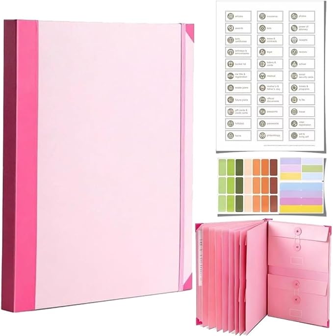 Important Document Organizer Binder – Family File Folder Organizer & Important Document Folder for Certificates, Passports, Vital Records, Emergency Planning, Home Office Document Storage (Pink)