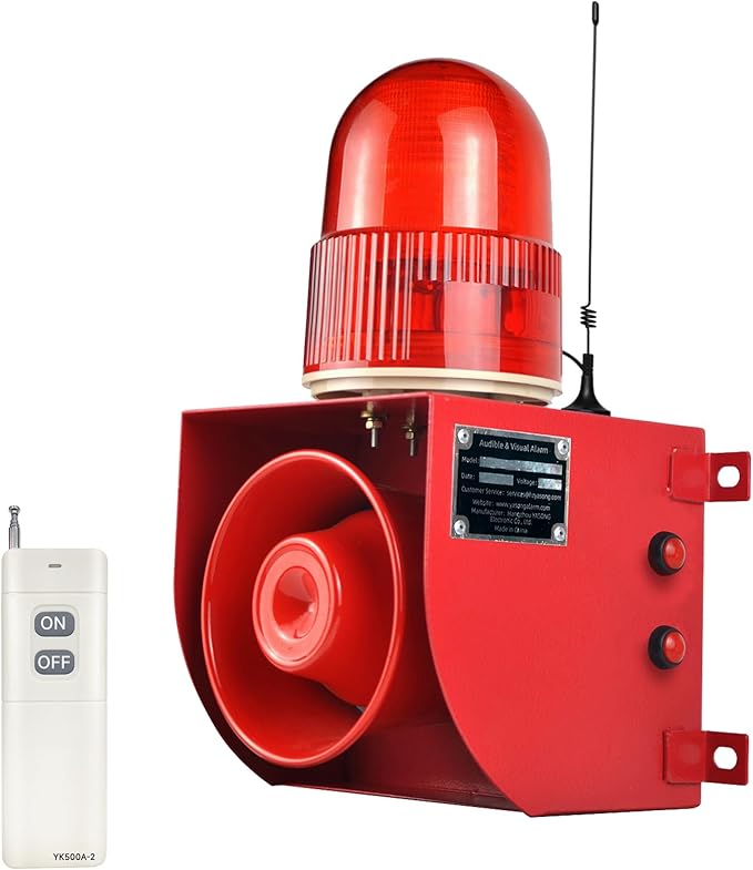 Outdoor Indoor Alarm Siren Wireless Waterproof 0.3mile Remote Control Emergency Security Siren with 0-120dB Adjustable, 12 Tone Switchable for Warehouse Industry Buliding AC110-120V