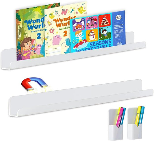 2-Pack Magnetic Shelf for Whiteboard Organizer, Holds 10 lbs Acrylic Magnetic Bookshelf Whiteboard with Pen Holder, White Board Shelf for Classroom Office Kitchen