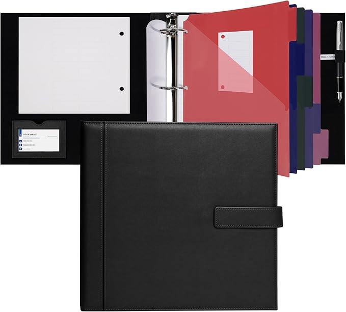 POPRUN PU Leather 2 Inch 3 Ring Binder, Professional Business Organizer- Includes PP Dividers, 100GSM / Grade AA Filler Papers, Card &Sticker for Tab- Ideal for Office Presentation Meetings, Black