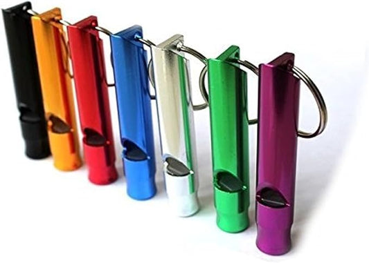 A Set of 5 Extra Loud Whistles for Camping Hiking Hunting Outdoors Sports and Emergency Situations, Sturdy but Light Aluminium Key Chain Signals