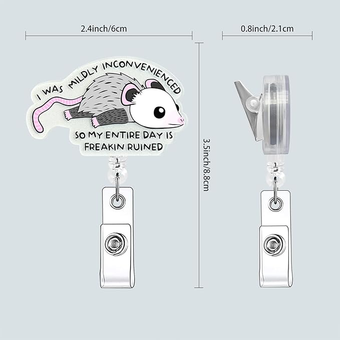 Nurse Retractable Badge Holder, Humorous Badge Buddy with Alligator Clip, Glitter Acrylic Nurse Badge Reel, Funny Design (Opossum)