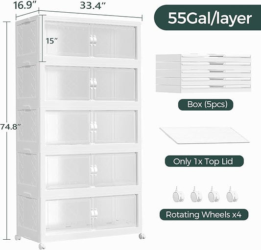 275Gal Stackable Storage Bins with Lid, 1100Qt Extra Large Collapsible Storage Box with Doors and Wheels, Plastic Closet Organizer and Storage Cabinet Drawer For Home Kitchen, 5Pack White
