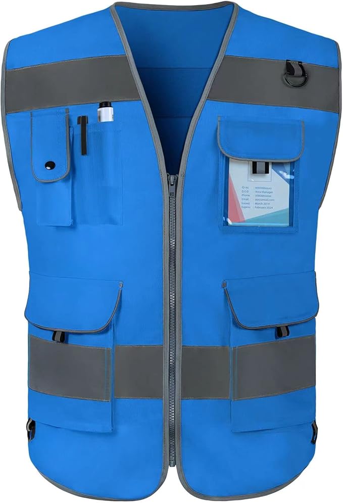 TCCFCCT Hi Vis Vest 9 Pockets High Visibility Reflective Safety Vest for Men Women, Safety Construction Vest with Reflective Strips, Meets ANSI/ISEA Standards, (Blue, Medium)