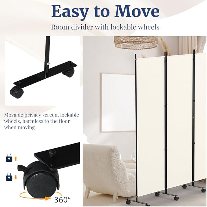 Kokorona 4 Panel Room Divider, 6FT Tall Rolling Privacy Screen with Lockable Wheels, Folding Wall Dividers Portable Room Divider for Room Separation, Included - Cover Strips, Beige, 88''W x 70''H