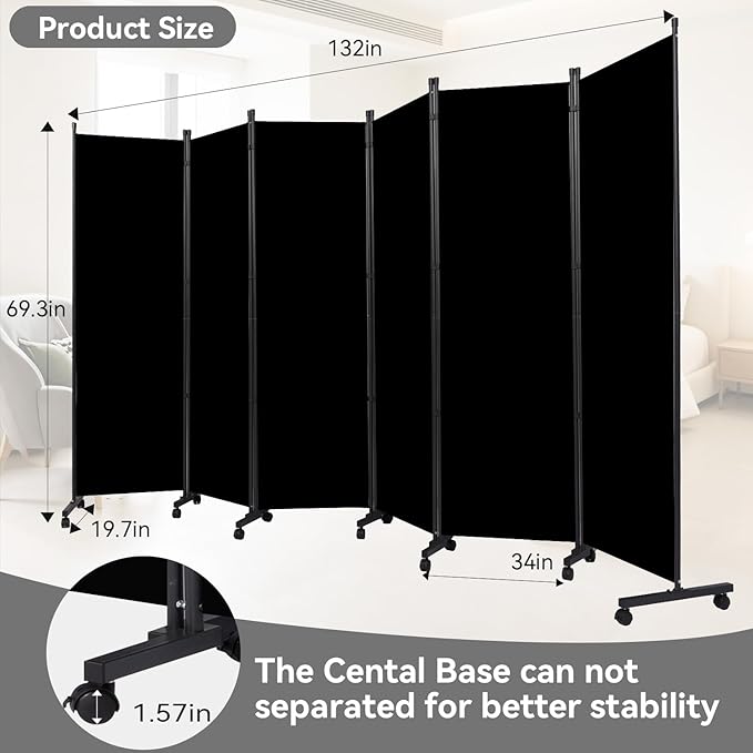 Room Divider (6 Panel) Wall Divider for Room Partition, 132 inch Metal Frame Wide Portable Privacy Screens W/Wheels, Freestanding Room Separators 5.6FT Room Divider Panel