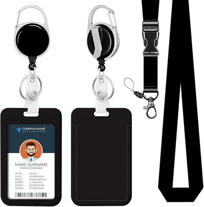 Black ID Badge Holder Lanyards for ID Badge Reel Retractable Heavy Duty Lanyard with ID Holder Office Essentials for Men Clip ID Card Holder for Teacher Women Work Office