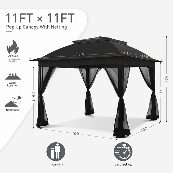 COOS BAY 11x11 Pop Up Instant Gazebo Tent with Mosquito Netting Outdoor Canopy Shelter with 121 Square Feet of Shade (Black)