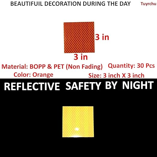 Orange Reflective Stickers 3 inch X 3 inch, Outdoor Waterproof High Visibility Warning Safety Adhesive Reflector Tape (30 Pcs)