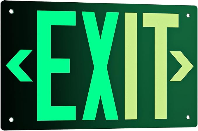 Photoluminescent Exit Sign Aluminum - Adhesive Backing Glow In The Dark - Removable Arrows Included - Pre-drilled Holes - 12x7 Inches - Non Electrical Green Exit Light For 50 Feet Visibility (1 Pack)