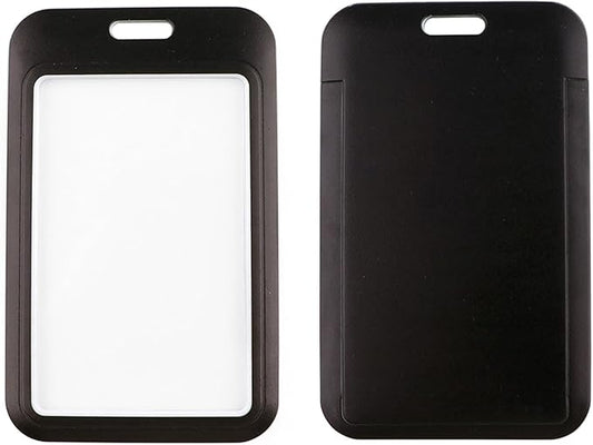 2-Pack Black Card Holder Set, Clear Plastic ID Badge Holder, Top Slot for Lanyard & Keychain, Reusable PVC Card Sleeve for Work Office School Access Card