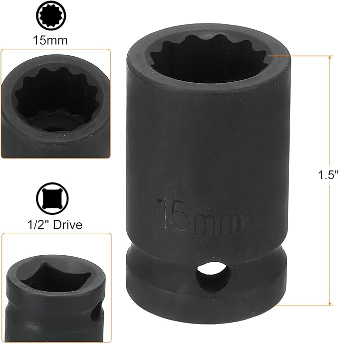 HARFINGTON 12-Point Impact Socket 1/2 Inch Drive 15mm Metric Cr-V Shallow Impact Socket Nut Driver Wrench for Auto Repair