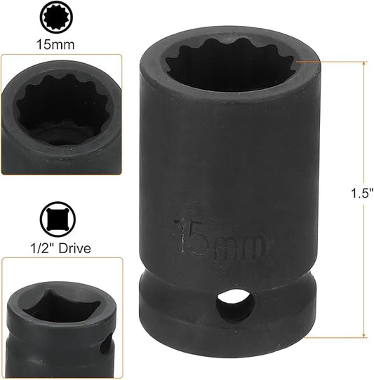 HARFINGTON 12-Point Impact Socket 1/2 Inch Drive 15mm Metric Cr-V Shallow Impact Socket Nut Driver Wrench for Auto Repair