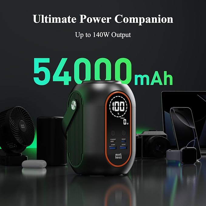 Minthouz 140w 54000mAh Laptop Power Bank with 65W Power Adapter, Versatile Camping Lighting, Wireless Charging, Smart Display, Portable Power Station for iPhone 17/16/15 Pro Max, MacBook, Dell, HP