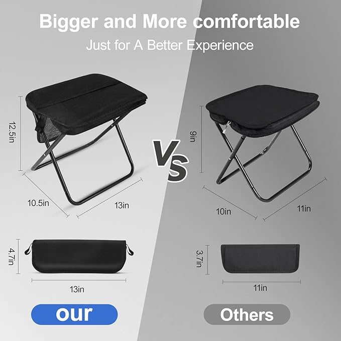 DZ Duozhan Portable Camping Stool - Foldable Backpack Stool 13" with 260lb Capacity, Lightweight Collapsible Stool with Carry Bag & Adjustable Strap for Hiking, Fishing, Beach Outdoor (Black)
