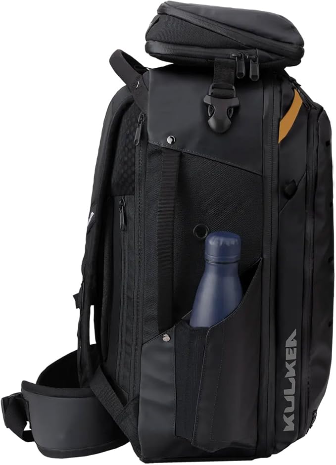 Käydä 44L Travel Backpack - Spacious Carry On Backpack with Detachable Travel Pouch, Magnetic Water Bottle Pocket, Passport and Laptop Pocket - Convertible Boot Bag for Snow Sports (Black/Gold)