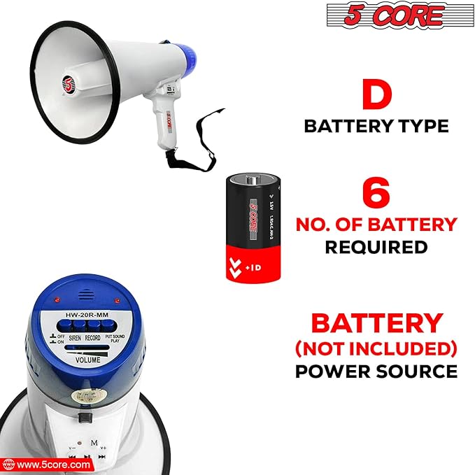 5 CORE Megaphone Speaker Portable 20W Bullhorn w Siren Adjustable Volume Bull Horn 300 Meter Range Battery Operated Handheld Mega Phone for Coaches Safety Drill - Parent MEGA 20R