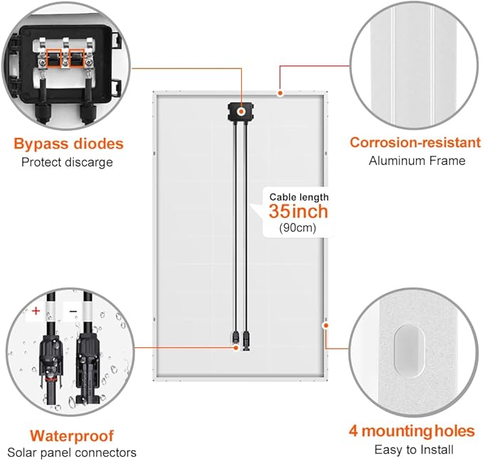 DOKIO 150W 18V Monocrystalline Solar Panel for 12V Systems, MC4 Connector, Aluminum Frame, Pre-Drilled Mounts for RV, Boat, Roof, Off-Grid Power