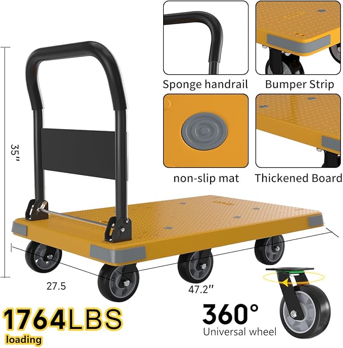 WUD Push Cart, Folding Mobile Platform Trolley,Thickened and Reinforced, 360° Swivel Wheels,47.2 “L x 27.5 ”W, 1764 lb. Yellow Dolly cart with Wheels