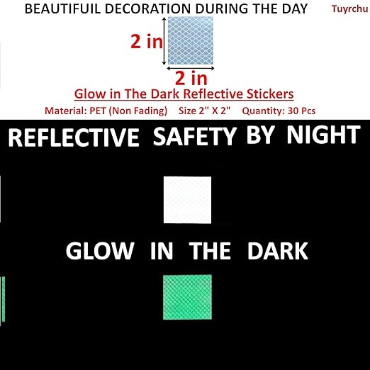 Glow in The Dark Reflective Stickers 2 inch X 2 inch for Bikes, Outdoor Waterproof High Visibility Reflector (30 Pcs)