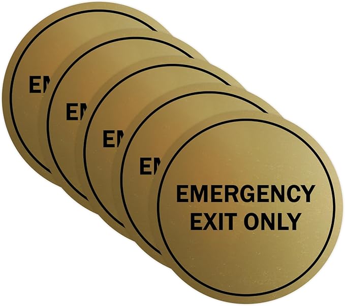 Signs ByLITA Circle Emergency Exit Only Sign (Brushed Gold) - X-large 5 Pack