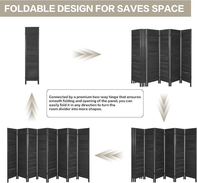 ECOMEX 8 Louver Wood Room Divider 5.6ft.Tall Folding Privacy Screen Panels, Room Divider Wall, Divider for Room Separation, Partition Room dividers and Effectively Block Sight(Black)