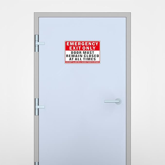 Emergency Exit Only Sign, (2 Pack) Self Adhesive Emergency Exit Sign Sticker for Door, Rust Free and Reflective Aluminum Metal Signs for Wall (9 x 6 inches, Red/White)
