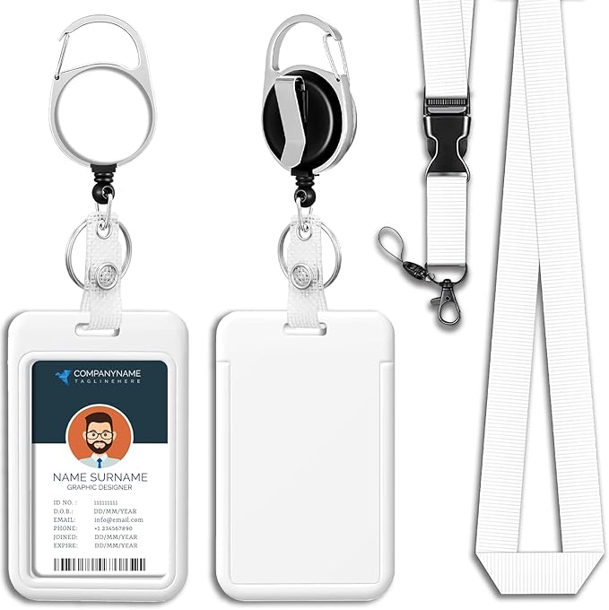 White ID Badge Holder Lanyards for ID Badge Reel Retractable Heavy Duty Lanyard with ID Holder Office Essentials for Men Clip ID Card Holder for Teacher Women Work Office