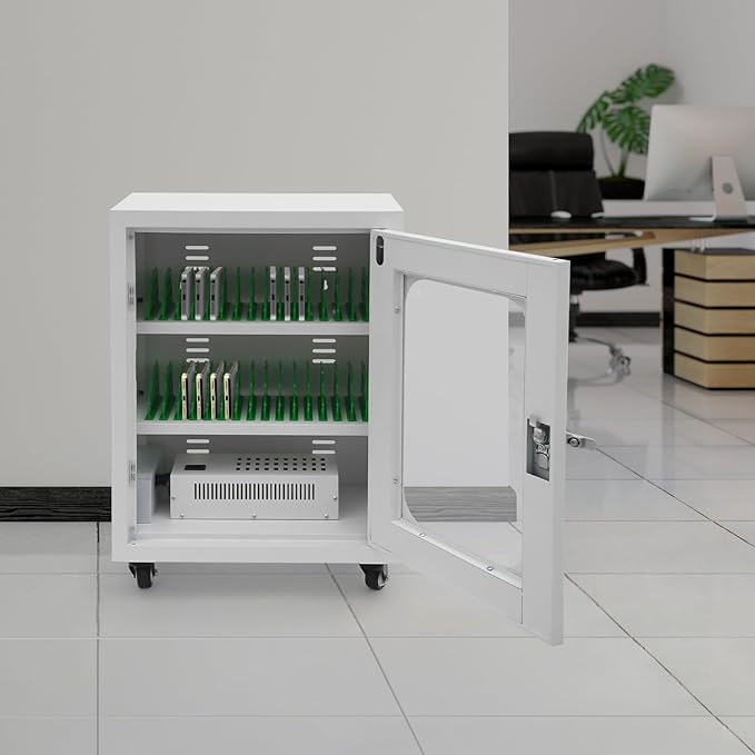 30 Slots Cell Phones Charging Station, Rechargeable Cellphone Locker Storage Charging Station, Mobile Charging Cart with Charging Ports, Wheels & Combination Lock (White)