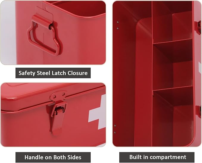 First Aid Medicine Box, First Aid Kit Supplies Bin, Metal Medicine Storage Tin, First Aid Empty Box with Safety Lock for Home Emergency Tool Set-Red