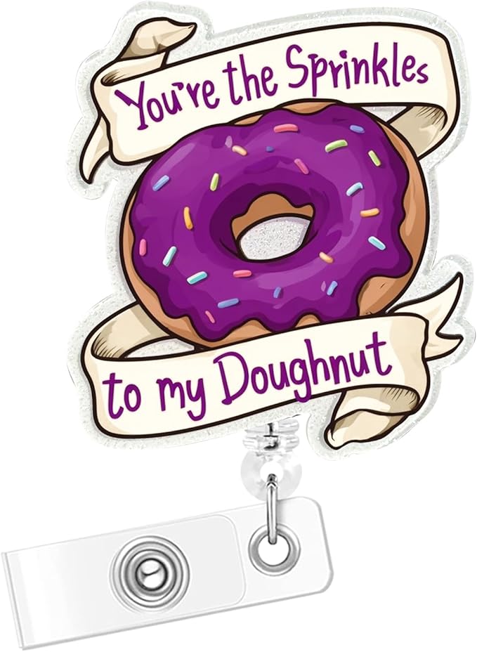 Humor ID Badge Clip, School Nurse Badge Reel with Alligator Clip, Glitter Acrylic Retractable Badge Holder, Cute Funny Design (Donut)