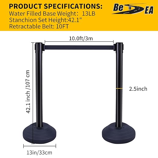6PACK BESEA Crowd Control Stanchions with 10 FEET Retractable Belts, Water Filled Base Weighted Barriers Black Post