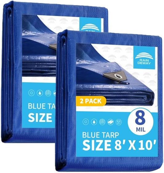 RAINDEWAY Tarps 8x10 Feet (2 Pack) 8 Mil, UV Resistant, Durable, Waterproof Poly Tarp Cover with Metal Grommets and Reinforced Edges,Blue Tarp