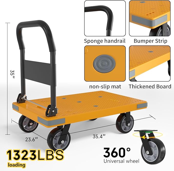 WUD Push Cart, Folding Mobile Platform Trolley,Thickened and Reinforced, 360° Swivel Wheels,35.4 “L x 23.6 ”W, 1323 lb. Yellow