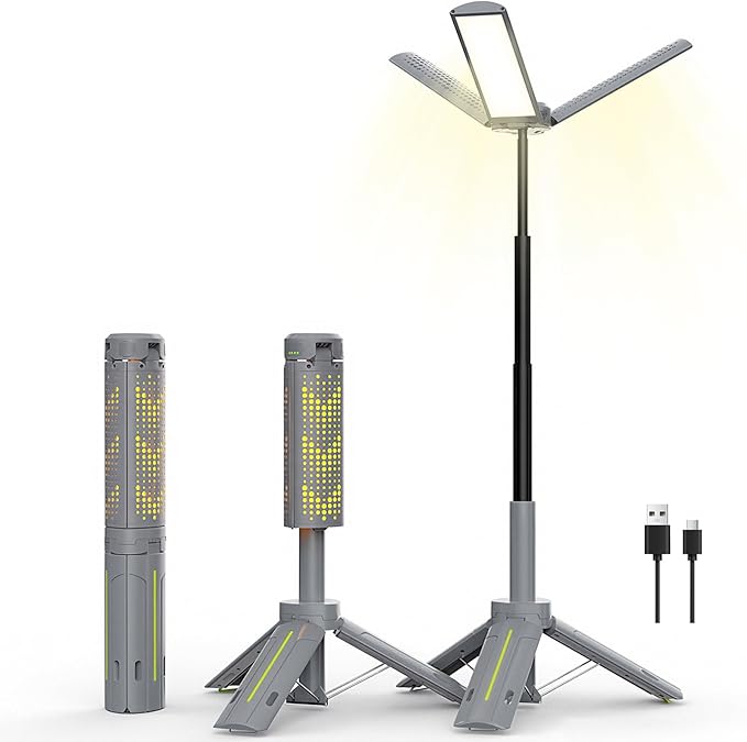 BUBRA Telescopic Camping Lantern with 40" Stand, 8000mAh Rechargeable Work Light, 1000LM Flashlight, IP44 Waterproof Tripod Base, Dimmable LED for Hurricane, Emergency, Repair