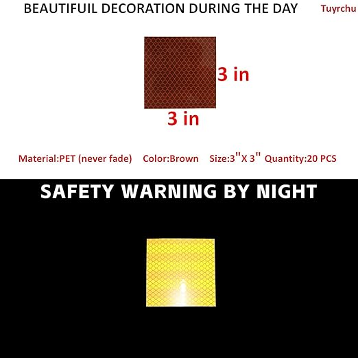 Non Fading Brown Reflective Stickers 3 inch X 3 inch, Outdoor Waterproof High Visibility Warning Safety Adhesive Reflector Tape (20 Pcs)